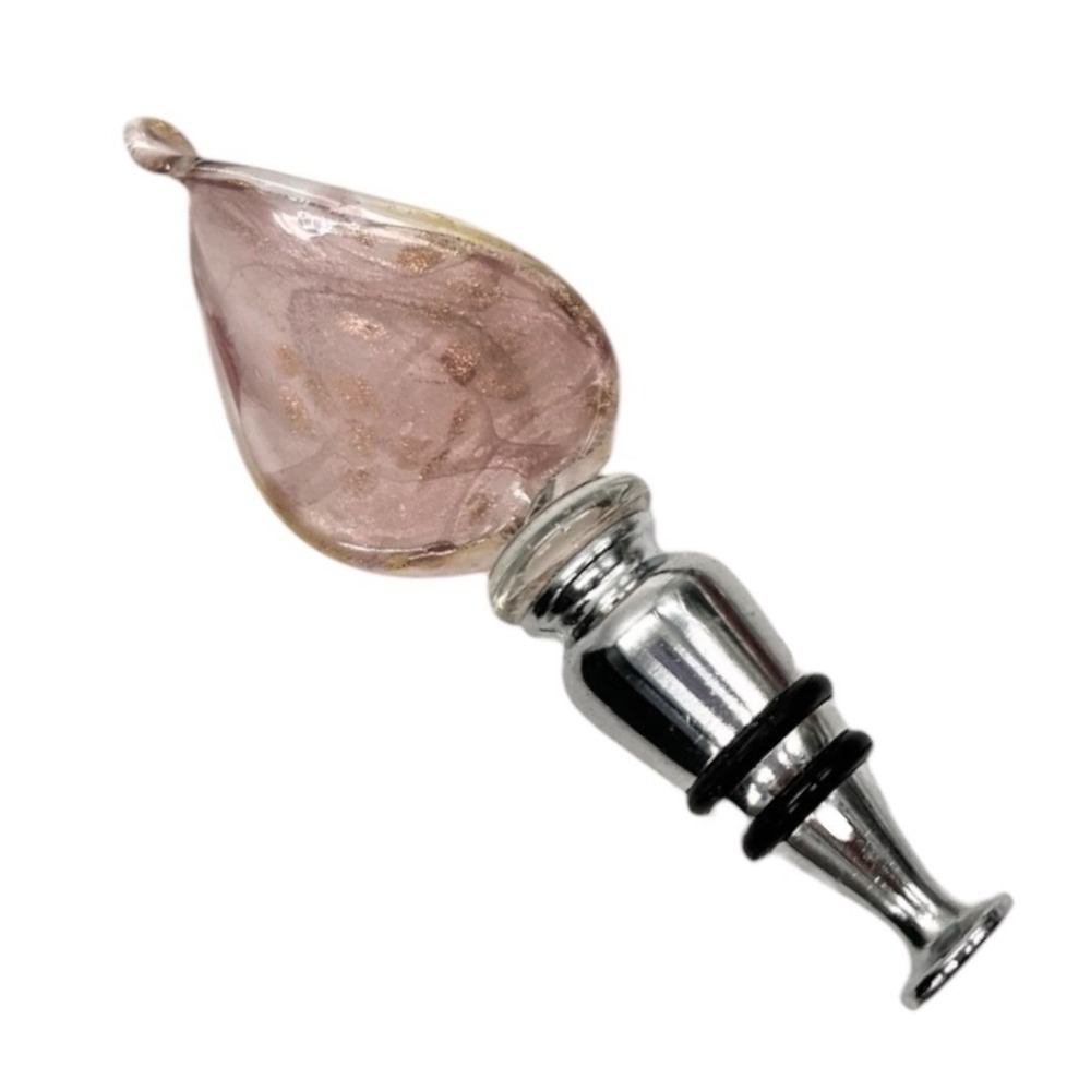 Wine Bottle Stopper - Hand Blown Pink Art Glass Silver Tone Barware with Box
